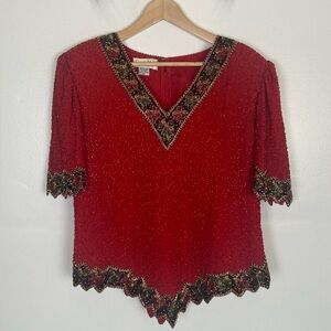 Laurence Kazar Size 1X Beaded Scalloped Short Sleeves Top V-Neck Color Red